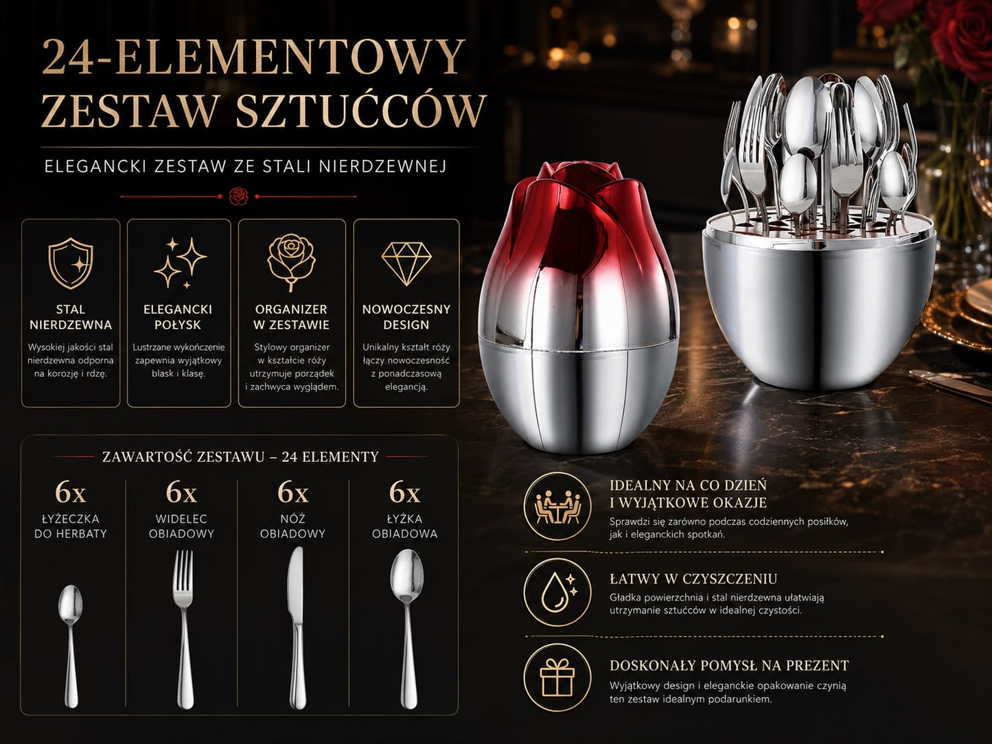 LUKSUSOWY ZESTAW SZTUĆCÓW 24EL.